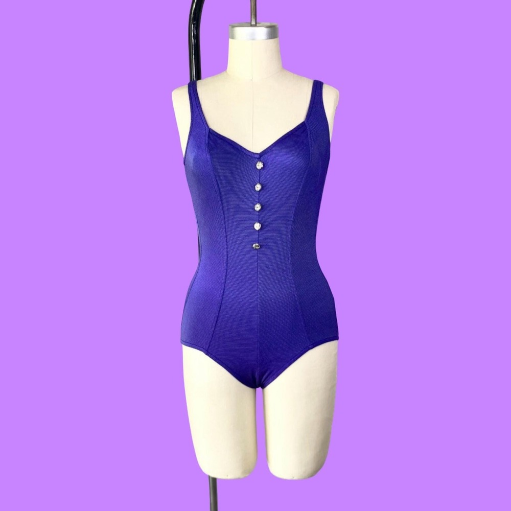 Vintage Maxine of Hollywood Purple Ribbed Swimsuit, Size 10